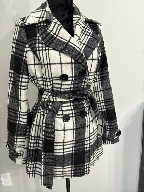 Jou Jou Jackets & Blazers - Jou Jou Black & White Plaid Double-Breasted Belted Peacoat